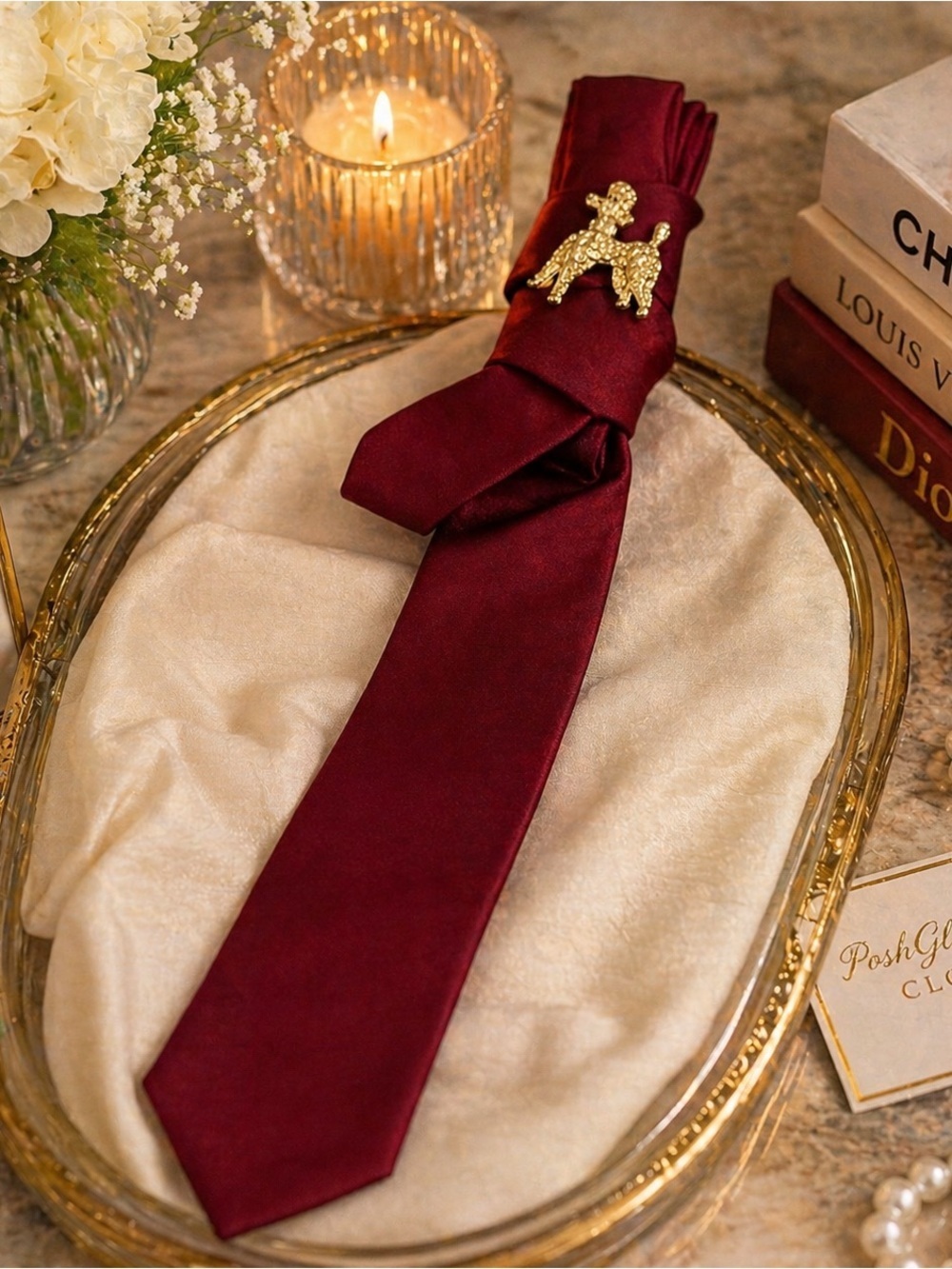 Necktie with Poodle Brooch - Picture 1 of 4